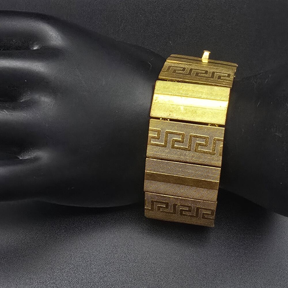 Gold Tone Greek Key Bracelet Flat Wide Panel Link Vintage Costume Jewelry